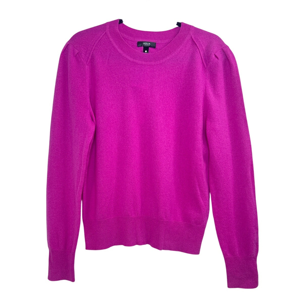 Aqua Cashmere Puff Sleeve Crewneck Sweater Pink Womens Size L Soft Knit Pullover - Picture 2 of 4